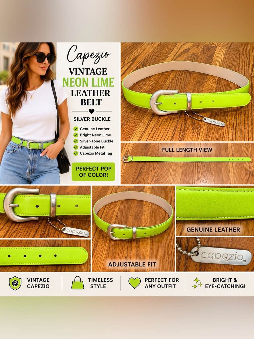 Capezio Vintage Neon Lime Green Leather Belt Silver Buckle